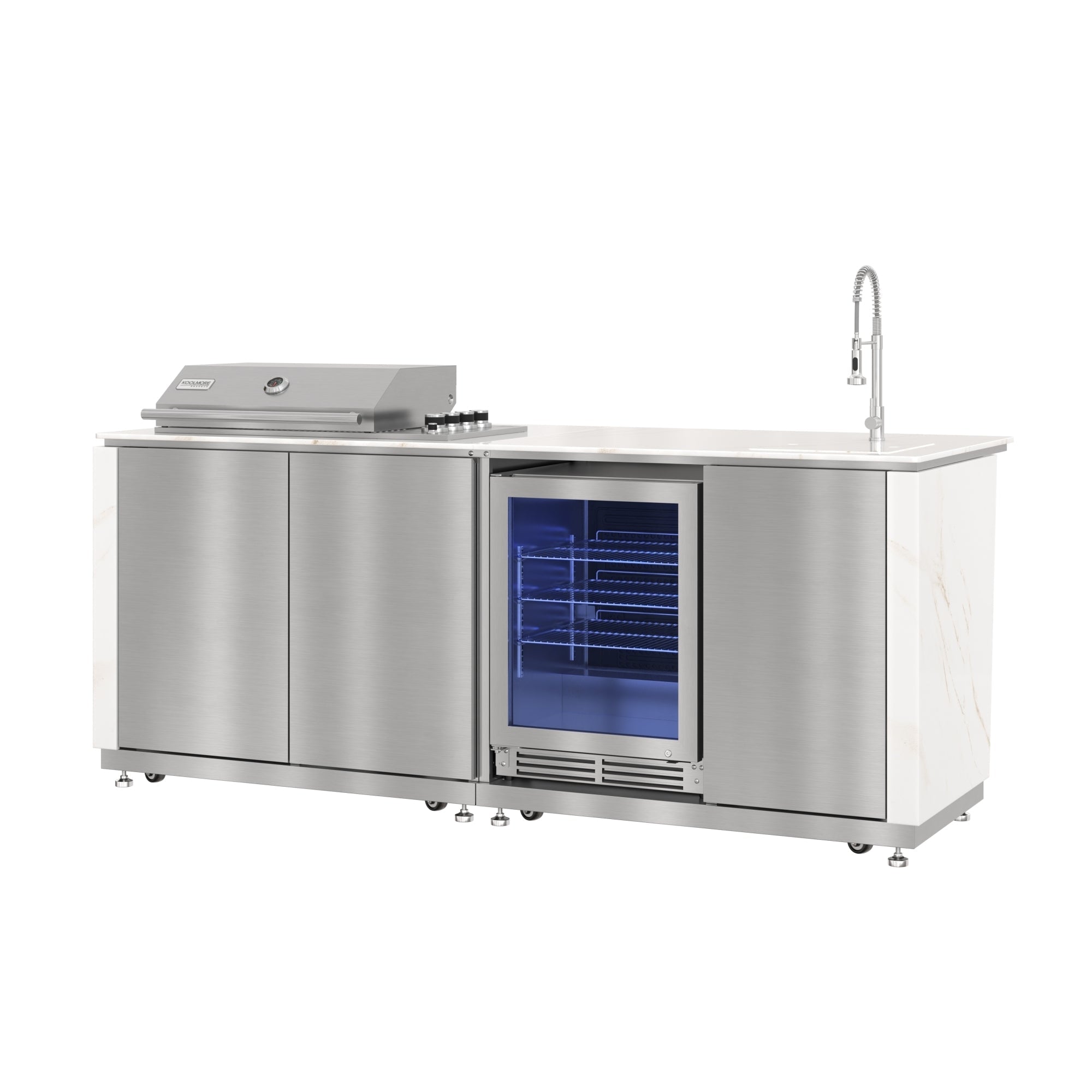 KoolMore Reserve 95 in. Outdoor Kitchen Island with 4-Burner NG and LP BBQ Grill, White Stone Counters and Sides, and Stainless-Steel Cabinets and Sink