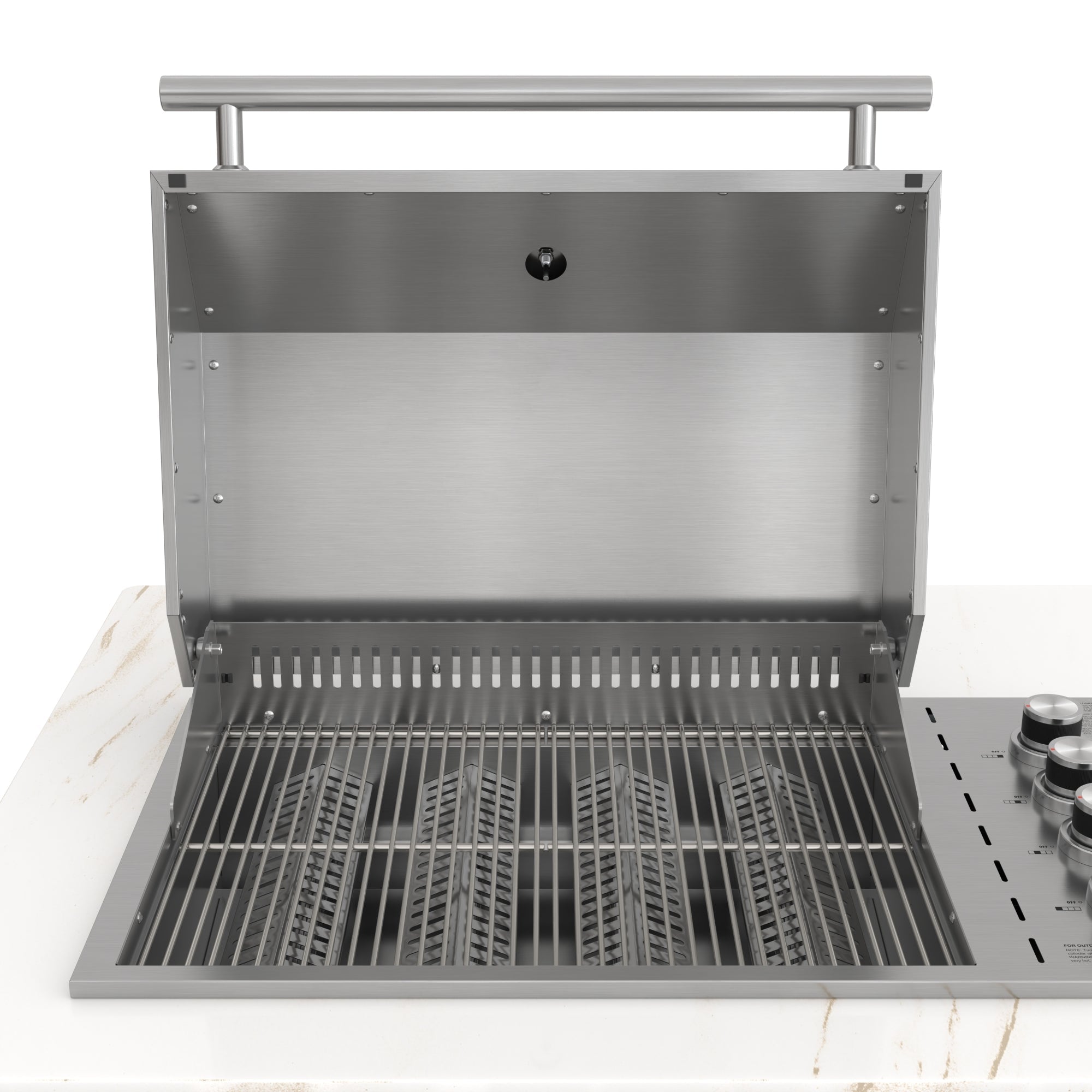KoolMore Reserve 95 in. Outdoor Kitchen Island with 4-Burner NG and LP BBQ Grill, White Stone Counters and Sides, and Stainless-Steel Cabinets and Sink