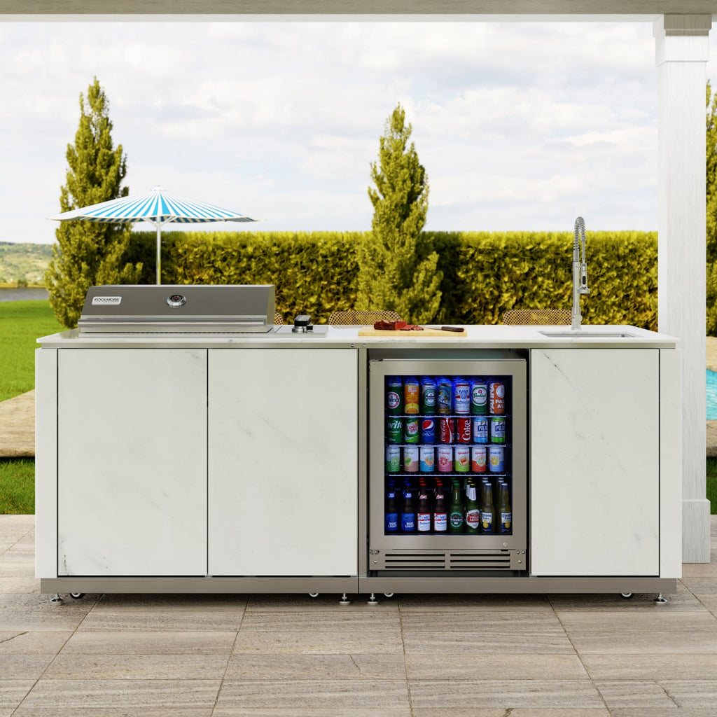 KoolMore Reserve 95 in. Outdoor Kitchen Island with 4-Burner NG and LP BBQ Grill, White Stone Counters, Sides and Cabinets Stainless-Steel Sink