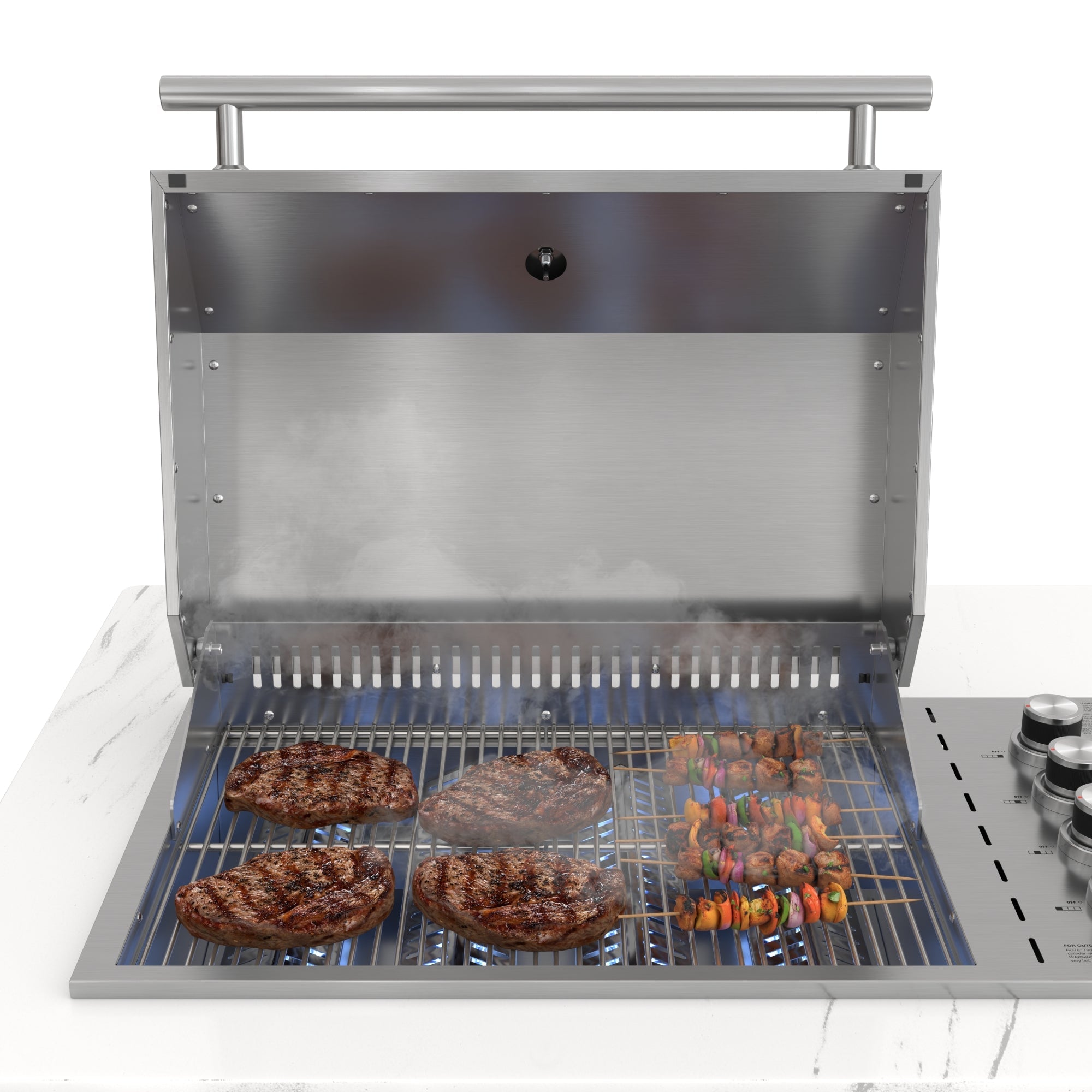 KoolMore Reserve 95 in. Outdoor Kitchen Island with 4-Burner NG and LP BBQ Grill, White Stone Counters, Sides and Cabinets Stainless-Steel Sink