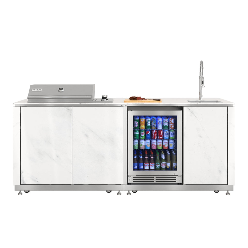KoolMore Reserve 95 in. Outdoor Kitchen Island with 4-Burner NG and LP BBQ Grill, White Stone Counters, Sides and Cabinets Stainless-Steel Sink