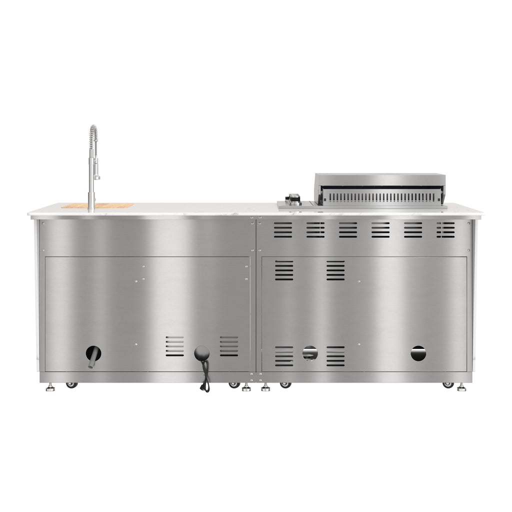 KoolMore Reserve 95 in. Outdoor Kitchen Island with 4-Burner NG and LP BBQ Grill, White Stone Counters, Sides and Cabinets Stainless-Steel Sink