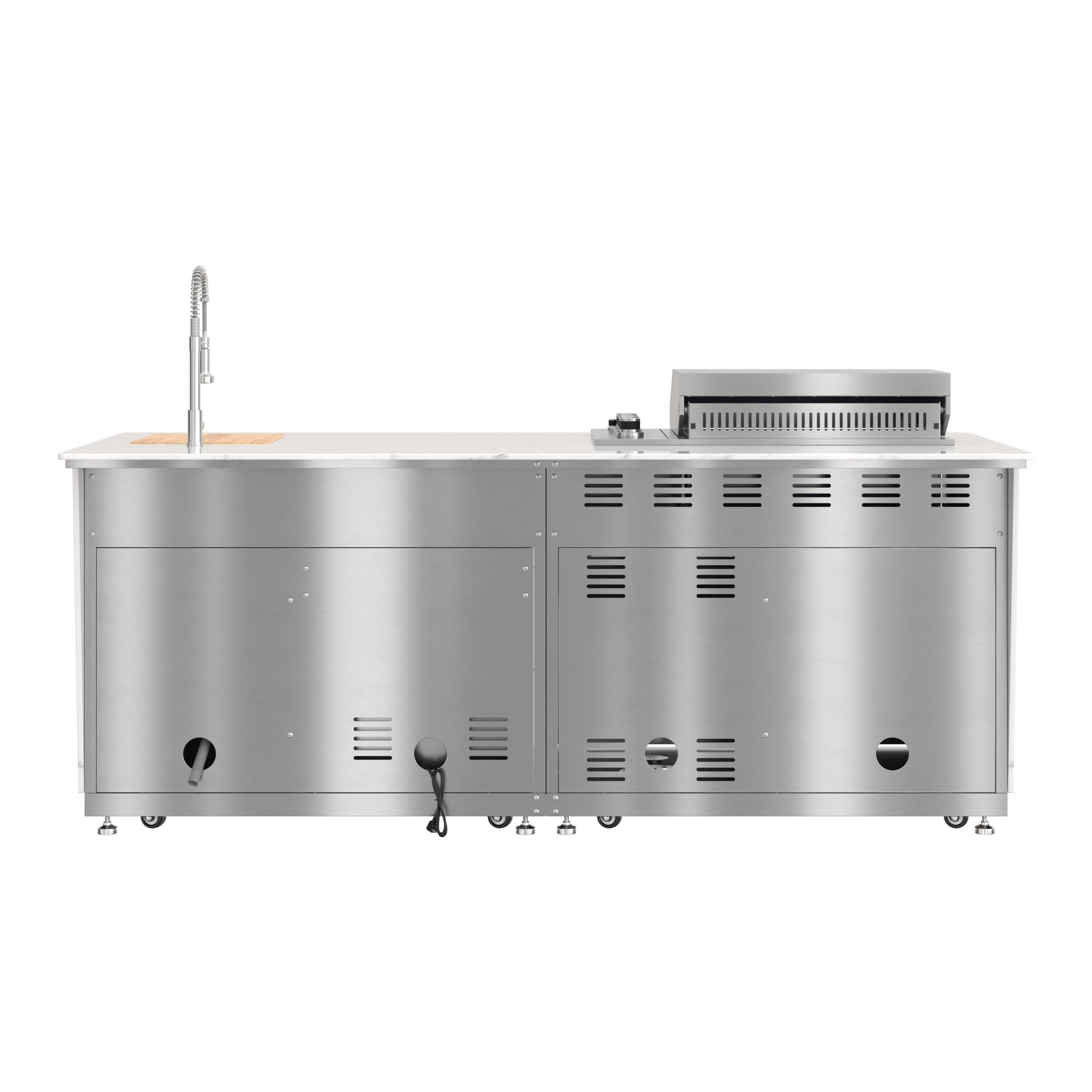 KoolMore Reserve 95 in. Outdoor Kitchen Island with 4-Burner NG and LP BBQ Grill, White Stone Counters, Sides and Cabinets Stainless-Steel Sink