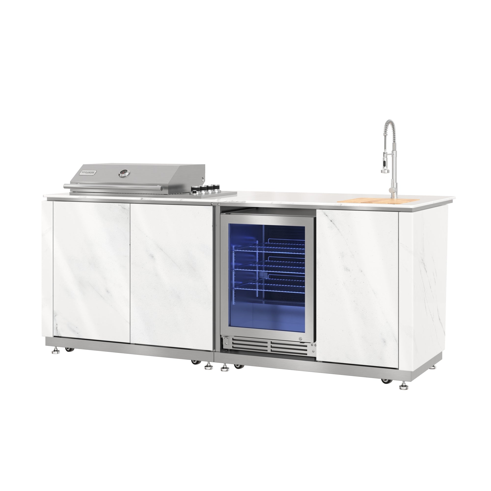 KoolMore Reserve 95 in. Outdoor Kitchen Island with 4-Burner NG and LP BBQ Grill, White Stone Counters, Sides and Cabinets Stainless-Steel Sink