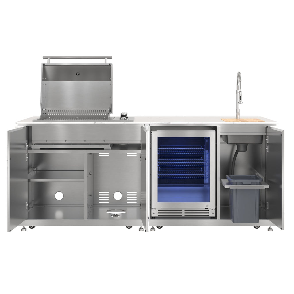 KoolMore Reserve 95 in. Outdoor Kitchen Island with 4-Burner NG and LP BBQ Grill, White Stone Counters, Sides and Cabinets Stainless-Steel Sink