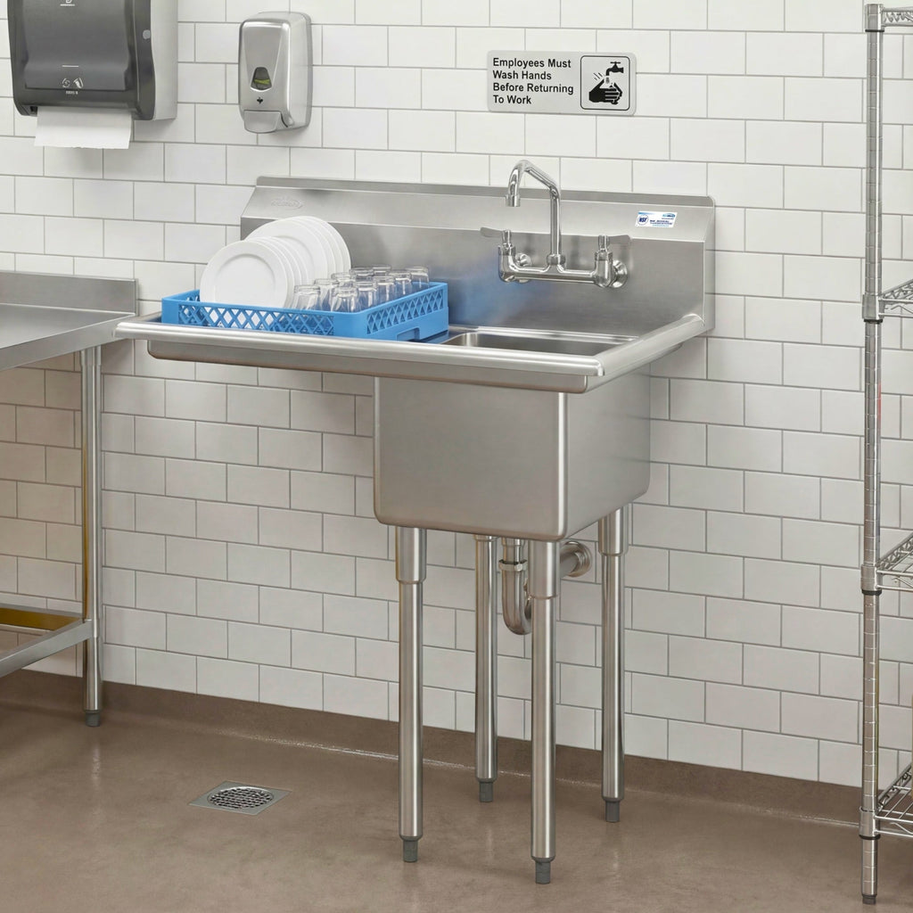 31 in. One Compartment Stainless Steel Commercial Sink with Drainboard, Bowl Size 12"x 16"x 10"