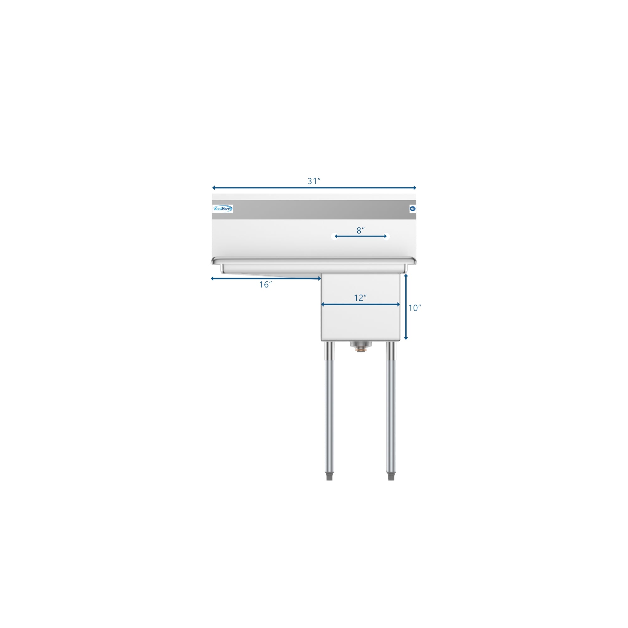 31 in. One Compartment Stainless Steel Commercial Sink with Drainboard, Bowl Size 12"x 16"x 10"