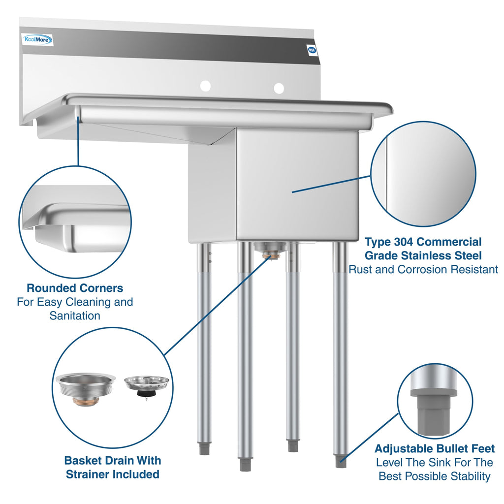 31 in. One Compartment Stainless Steel Commercial Sink with Drainboard, Bowl Size 12"x 16"x 10"