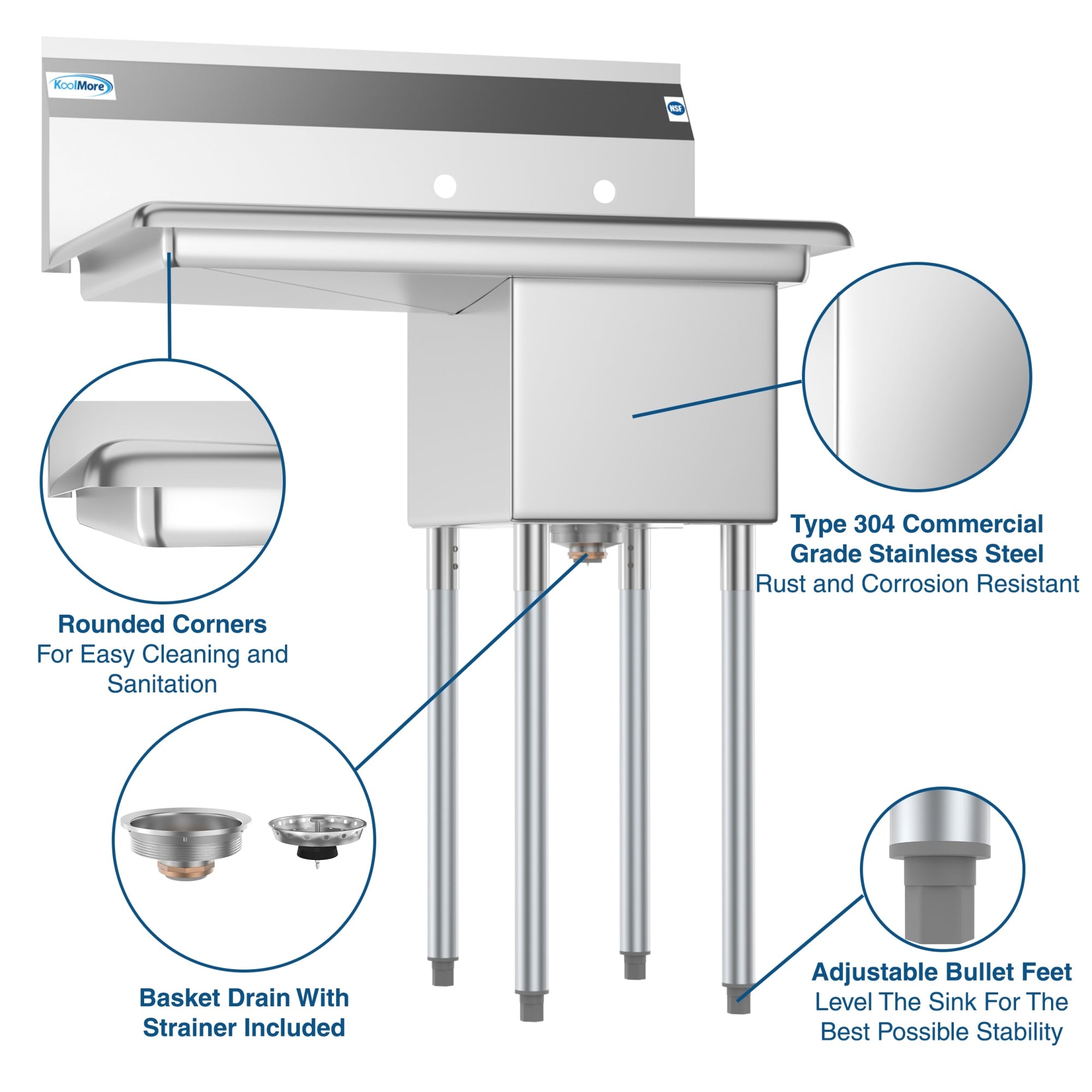 31 in. One Compartment Stainless Steel Commercial Sink with Drainboard, Bowl Size 12"x 16"x 10"