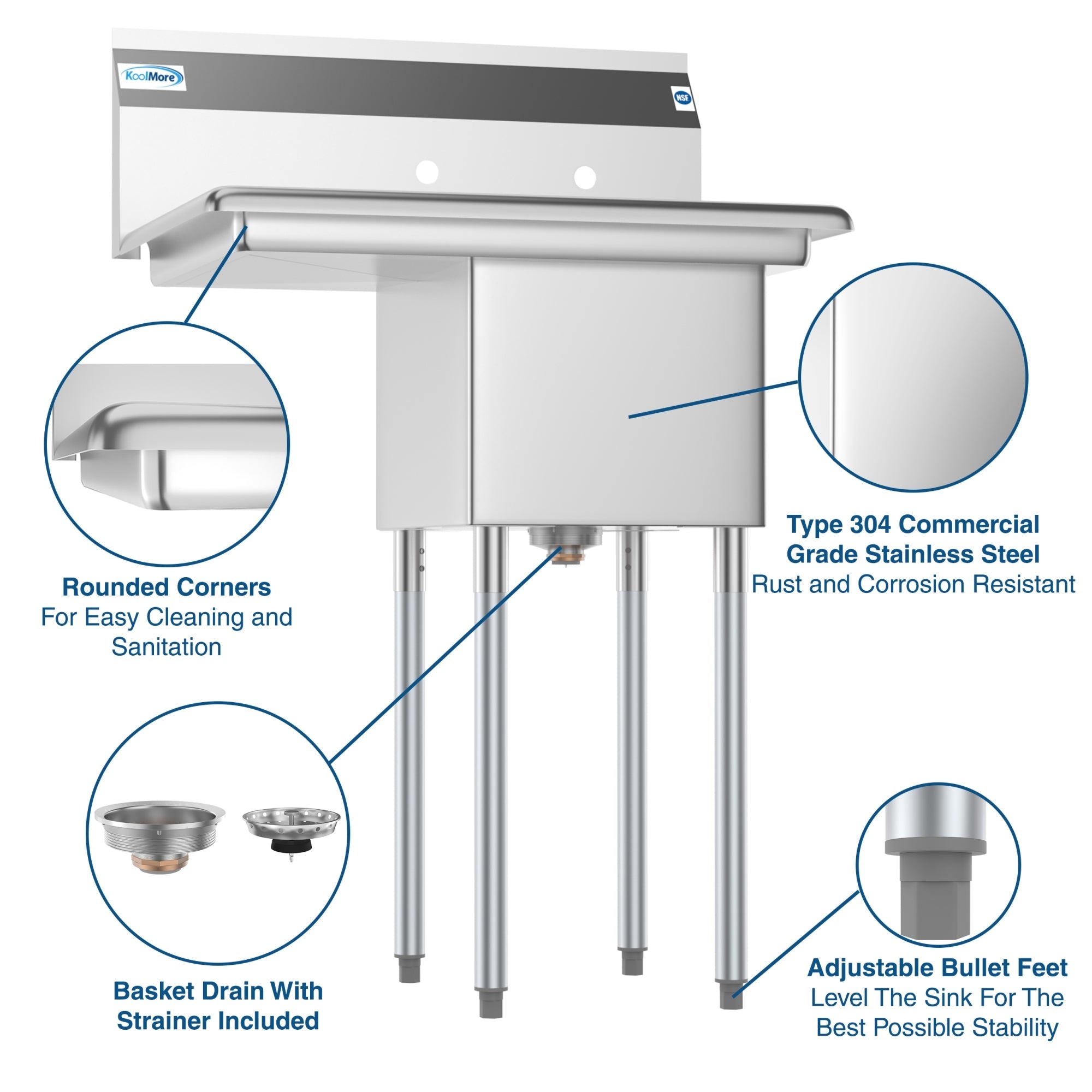 29 in. One compartment Stainless Steel Commercial Restaurant Sink with Drainboard, Bowl Size 14" x 16" x 11"