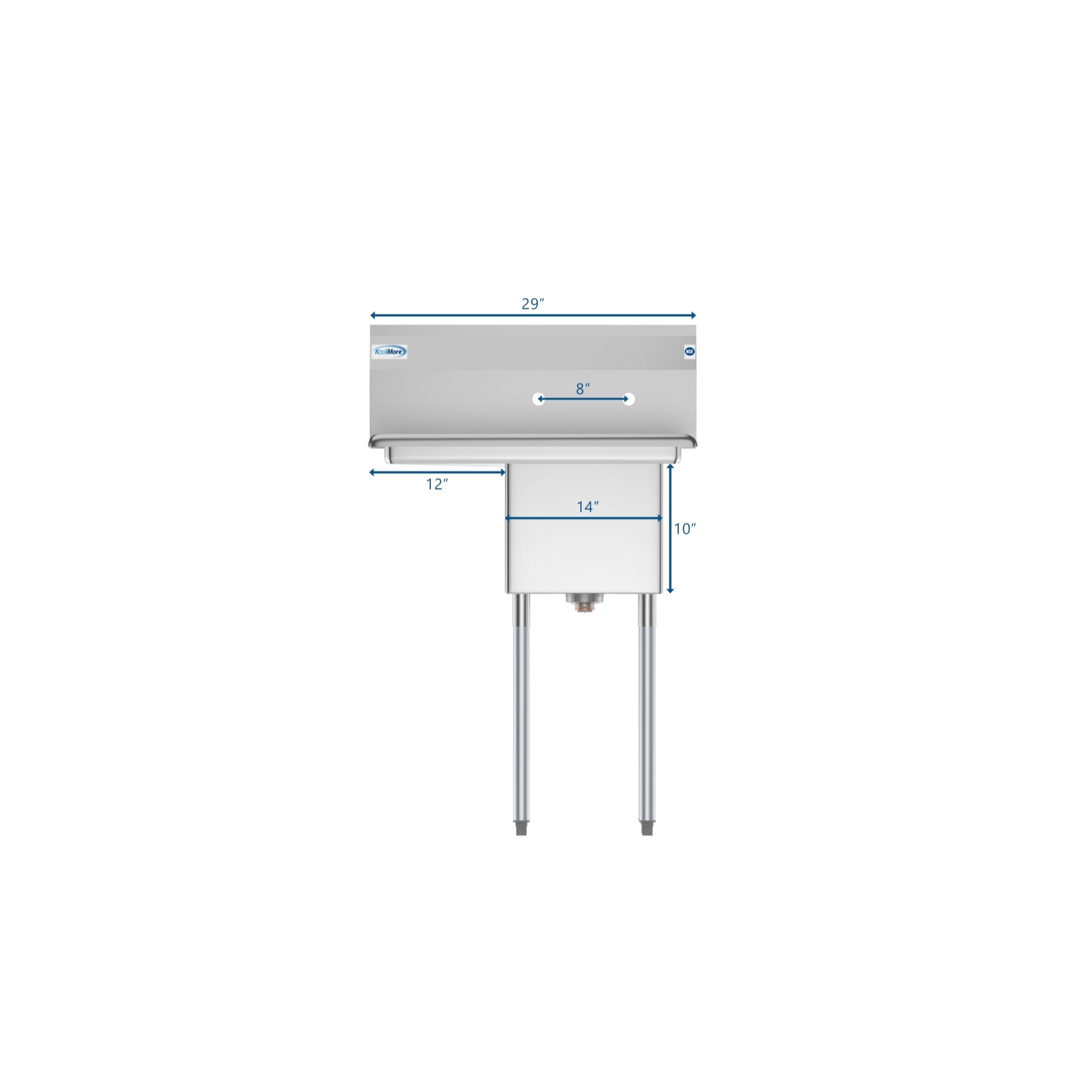 29 in. One compartment Stainless Steel Commercial Restaurant Sink with Drainboard, Bowl Size 14" x 16" x 11"