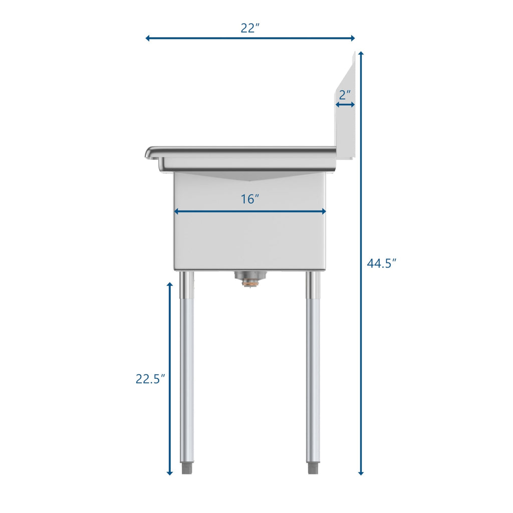 44 in. One Compartment Stainless Steel Commercial Sink with 2 Drainboards, Bowl Size 12"x 16"x 10"