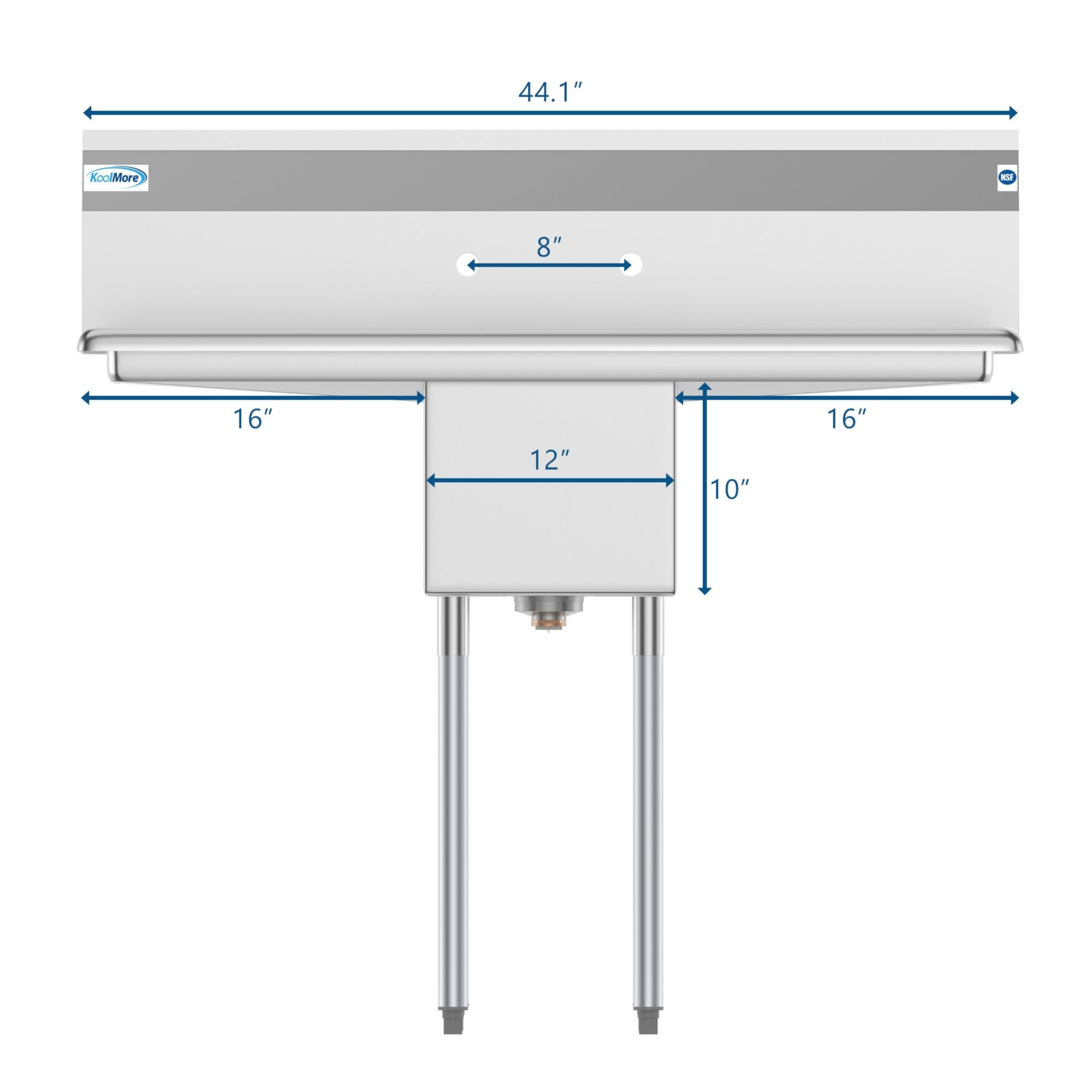 44 in. One Compartment Stainless Steel Commercial Sink with 2 Drainboards, Bowl Size 12"x 16"x 10"