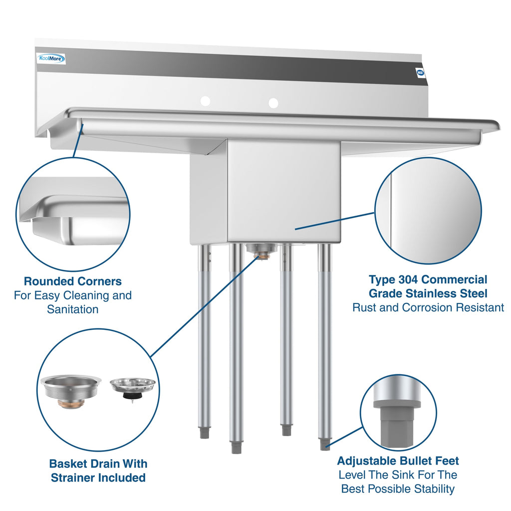 44 in. One Compartment Stainless Steel Commercial Sink with 2 Drainboards, Bowl Size 12"x 16"x 10"
