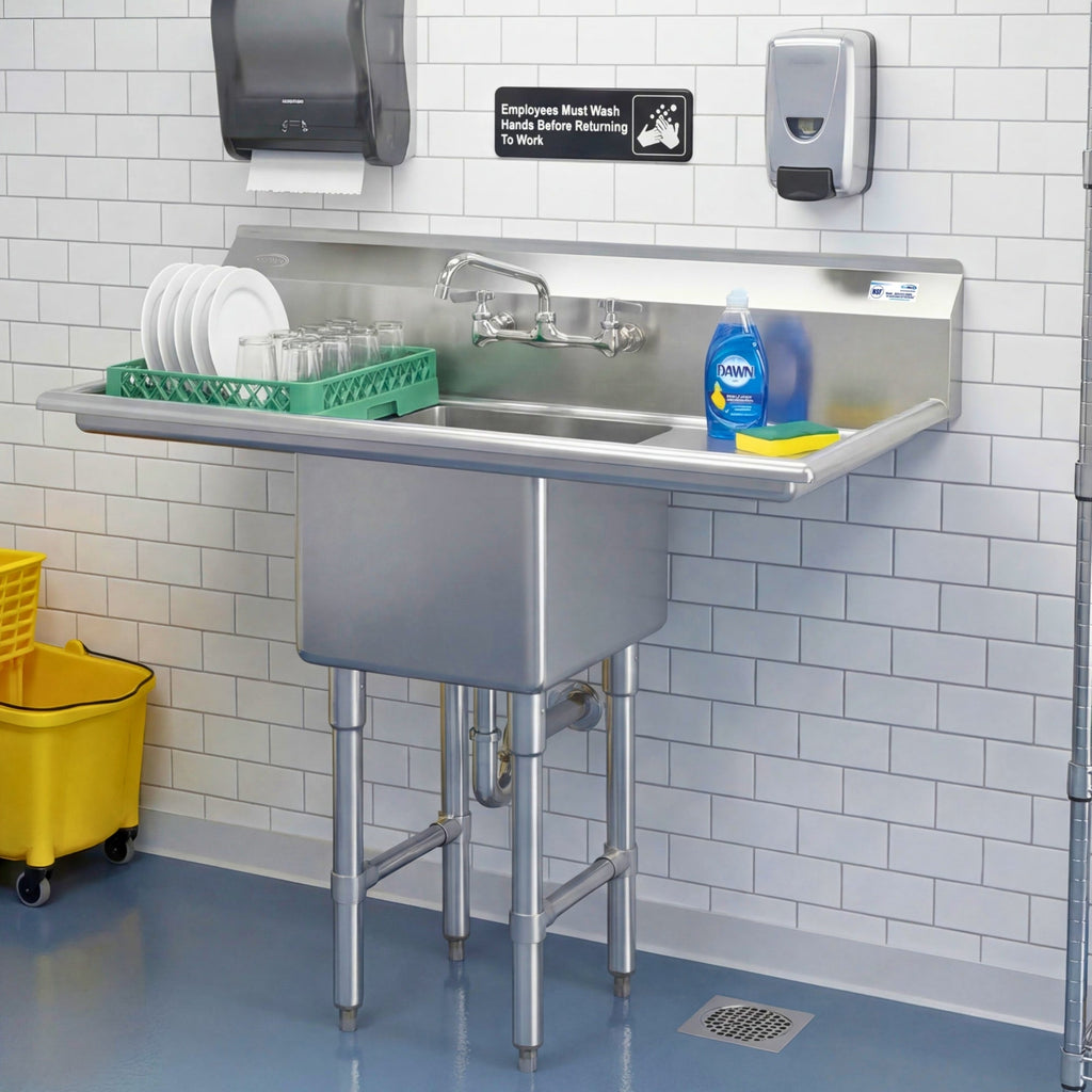 45 in. One compartment Stainless Steel Commercial Sink with Drainboards and Faucet, Bowl Size 15"x 15"x 12"