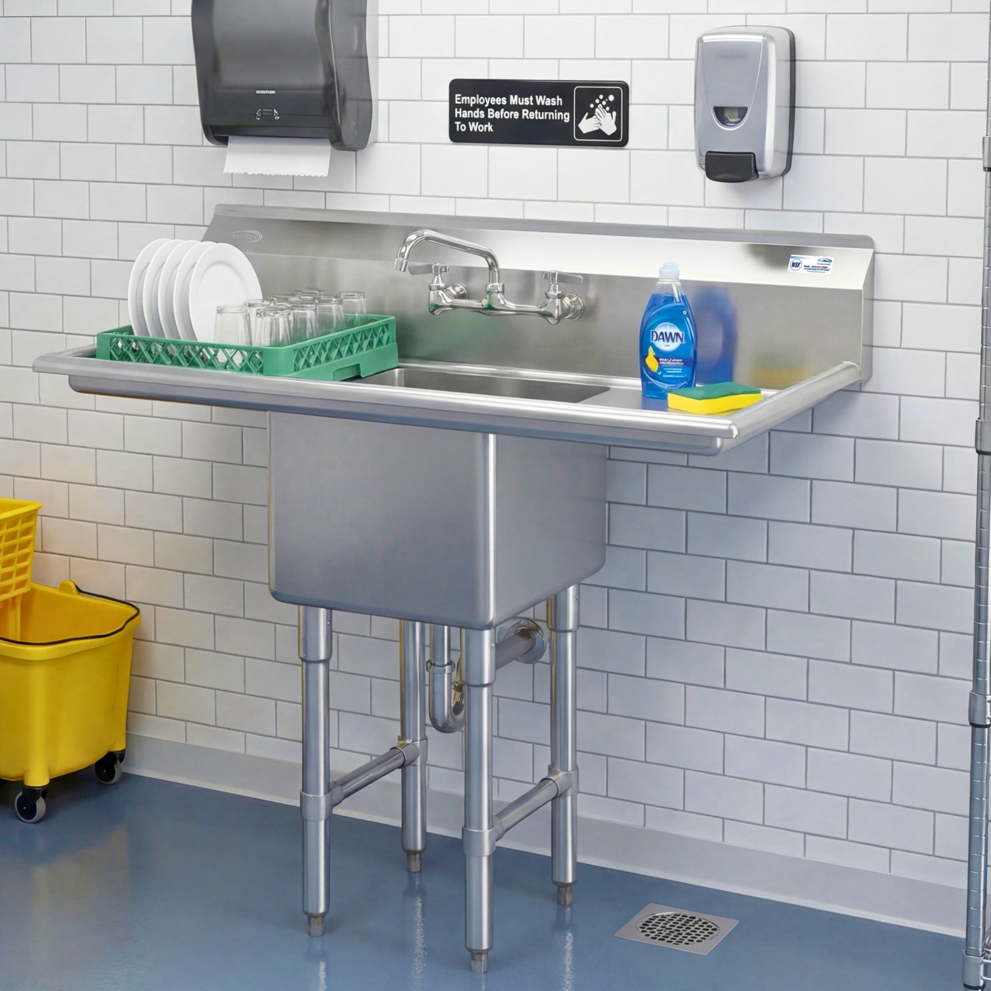 45 in. One compartment Stainless Steel Commercial Sink with Drainboards and Faucet, Bowl Size 15"x 15"x 12"