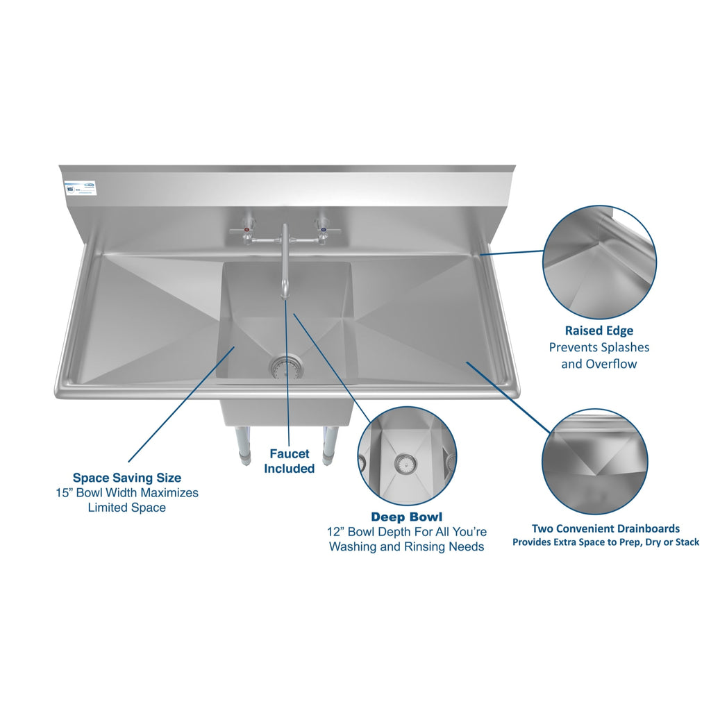 45 in. One compartment Stainless Steel Commercial Sink with Drainboards and Faucet, Bowl Size 15"x 15"x 12"
