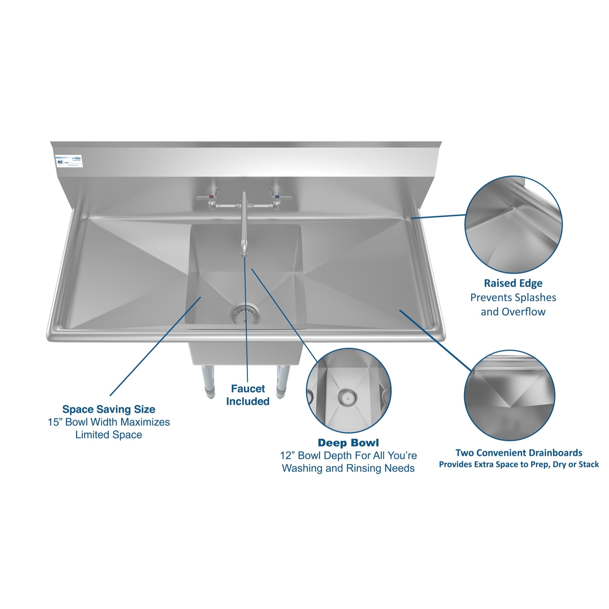 45 in. One compartment Stainless Steel Commercial Sink with Drainboards and Faucet, Bowl Size 15"x 15"x 12"