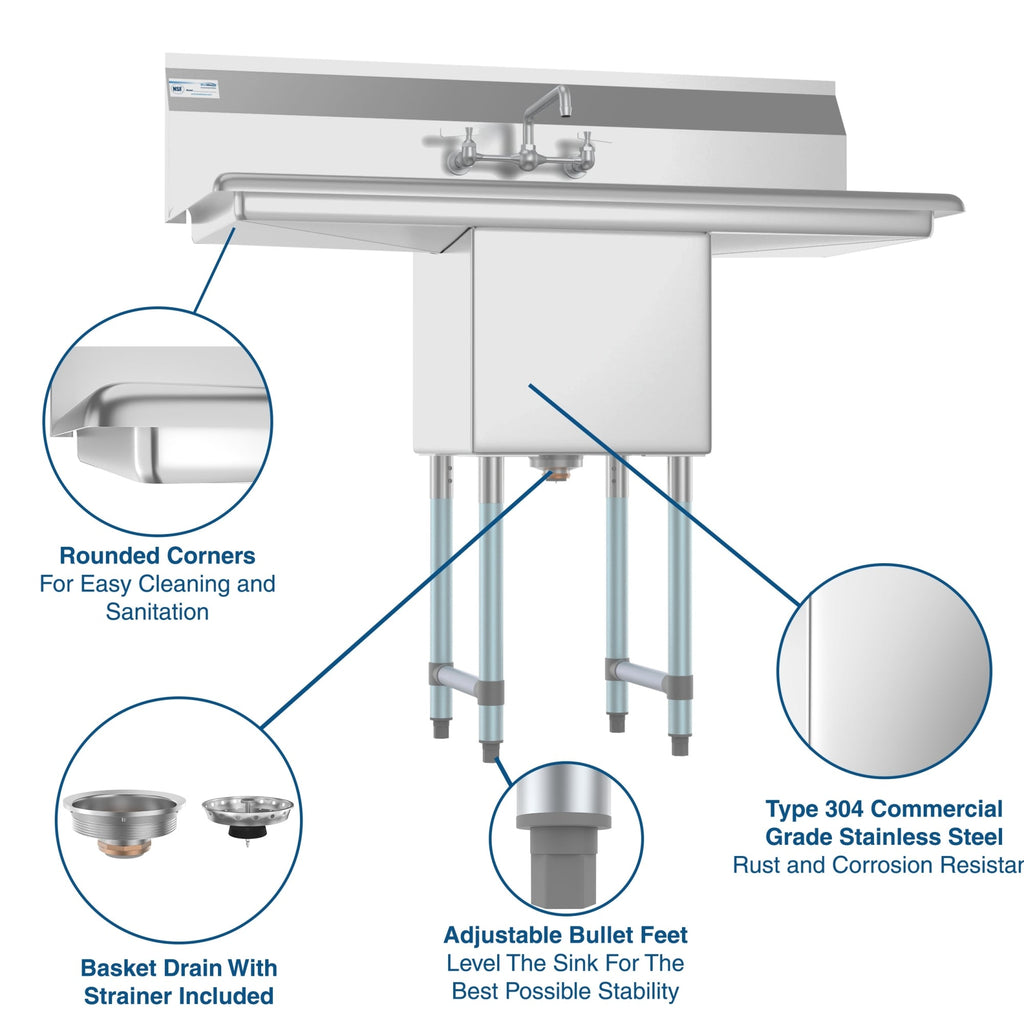 45 in. One compartment Stainless Steel Commercial Sink with Drainboards and Faucet, Bowl Size 15"x 15"x 12"