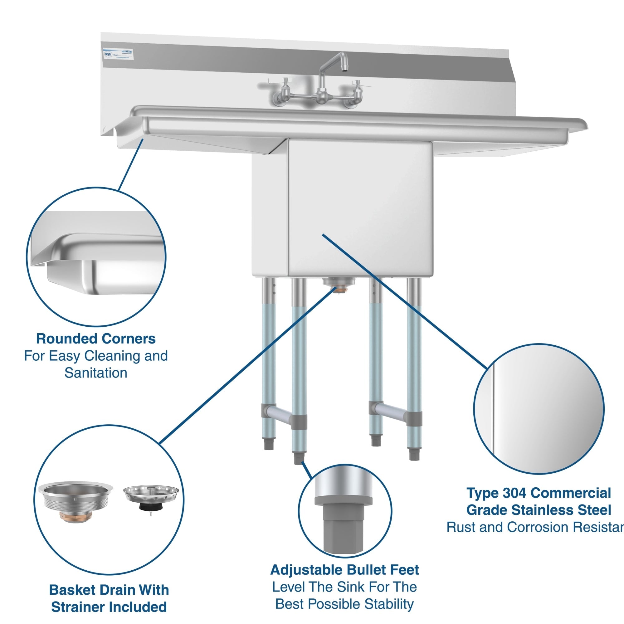 45 in. One compartment Stainless Steel Commercial Sink with Drainboards and Faucet, Bowl Size 15"x 15"x 12"