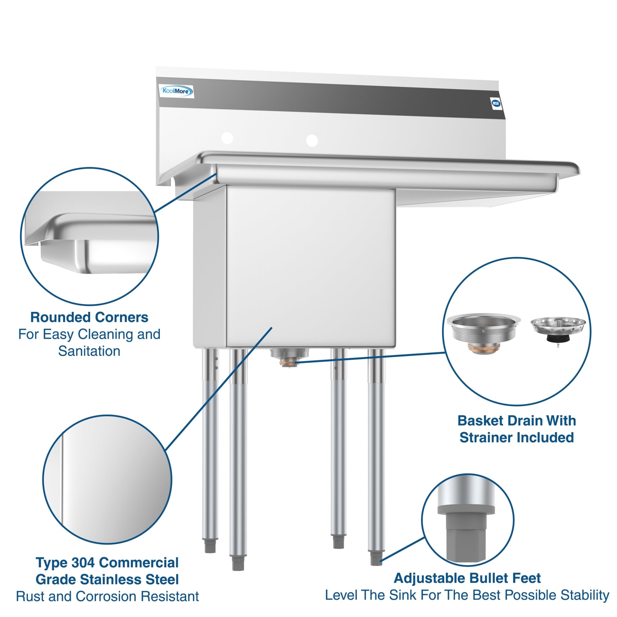 33 in. One Compartment Stainless Steel  Commercial Sink with Drainboard, Bowl Size 15"x 15"x 12"