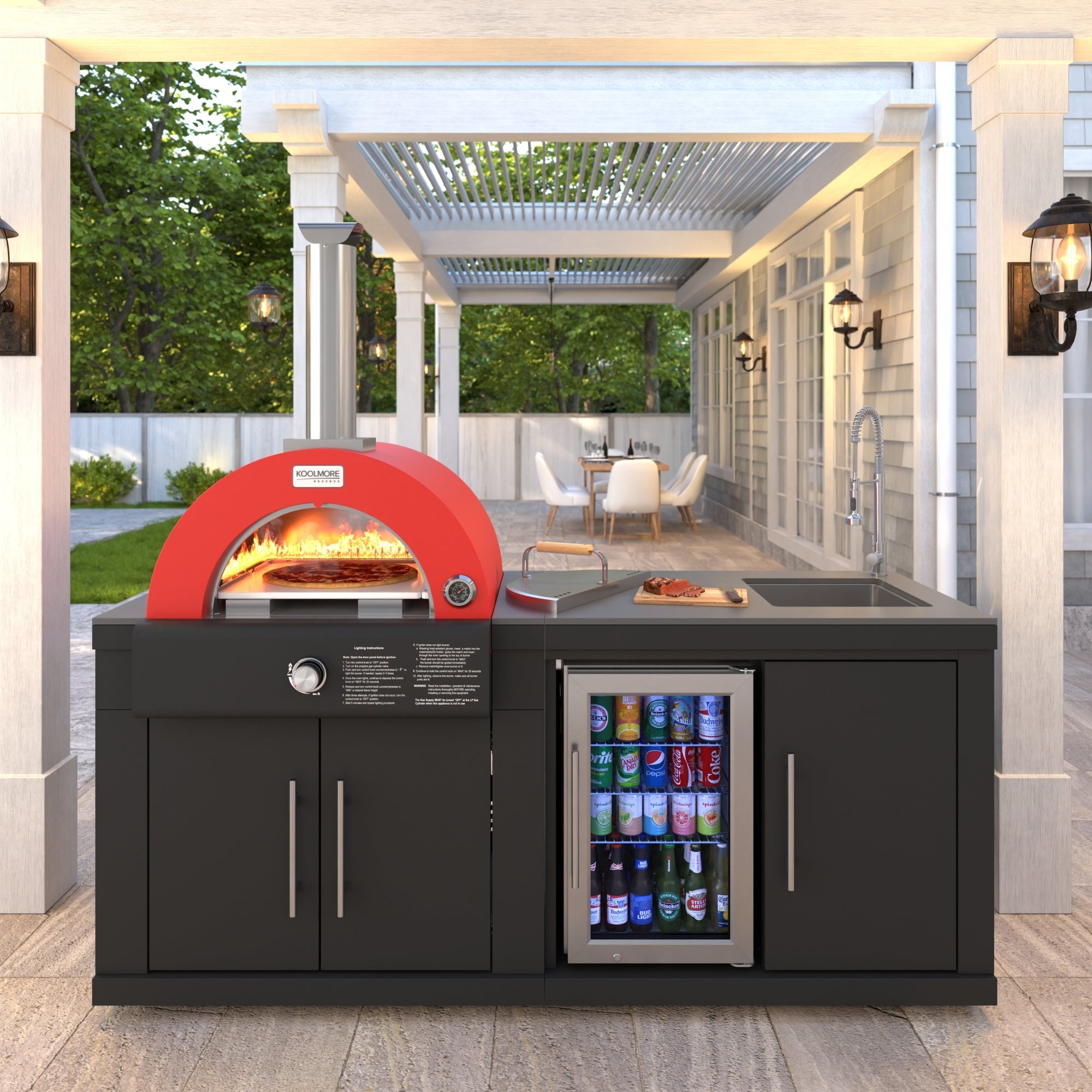 KoolMore Reserve 79 in. Outdoor Kitchen Island with 22 in. Gas and Wood-Fired Pizza Oven, Sink, and Refrigerator in Black Stainless