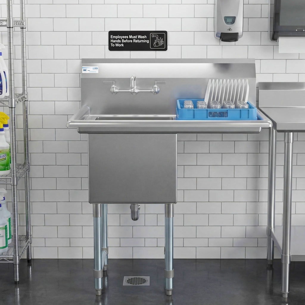 33 in. One Compartment Stainless Steel Commercial Sink with Drainboard, Bowl Size 15"x 15"x 12"