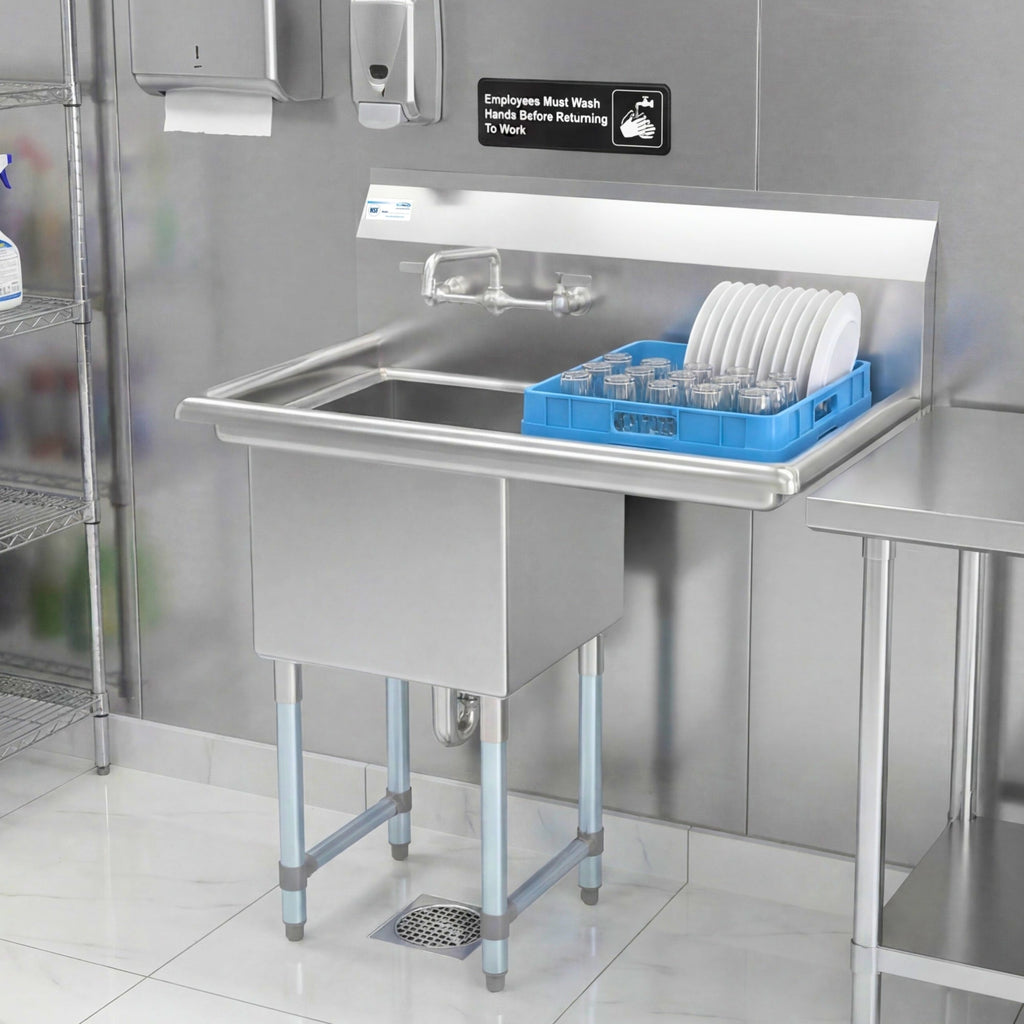33 in. One Compartment Stainless Steel Commercial Sink with Drainboard, Bowl Size 15"x 15"x 12"