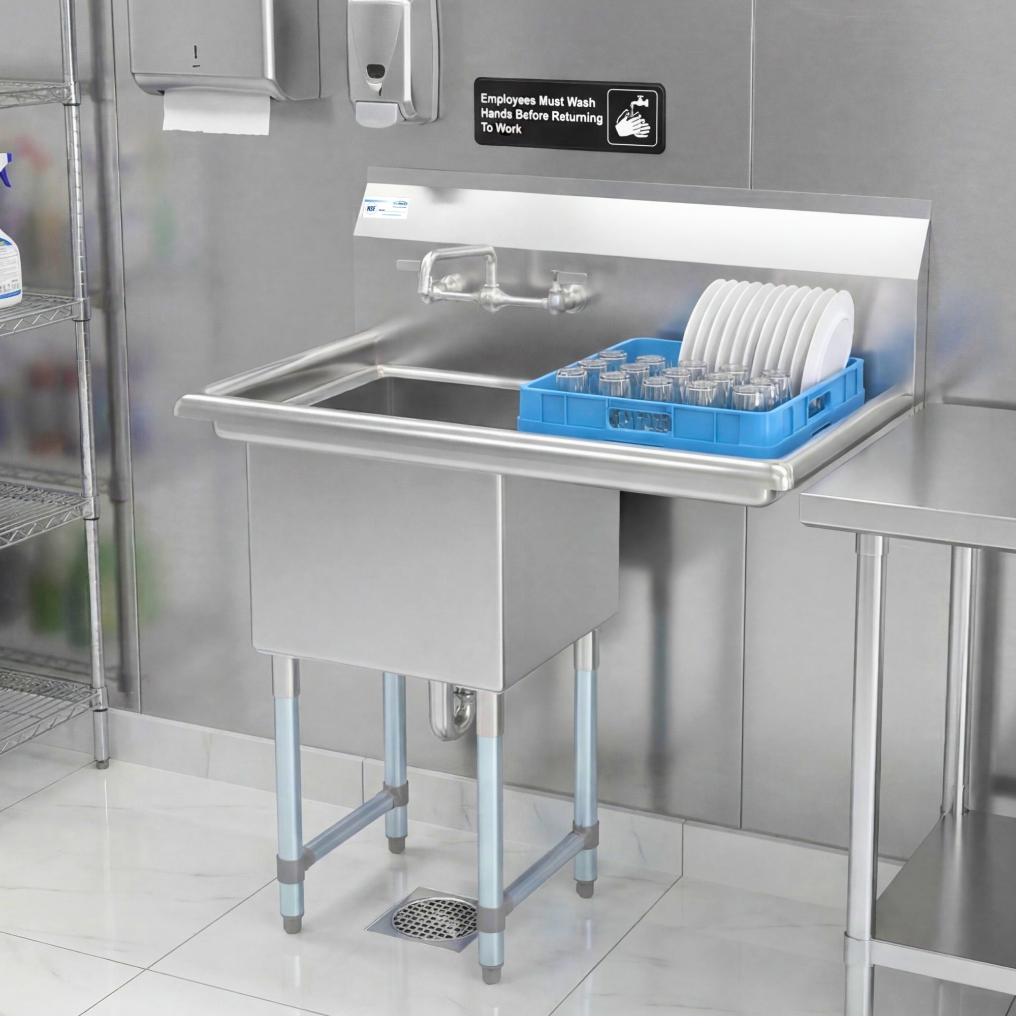 33 in. One Compartment Stainless Steel Commercial Sink with Drainboard, Bowl Size 15"x 15"x 12"