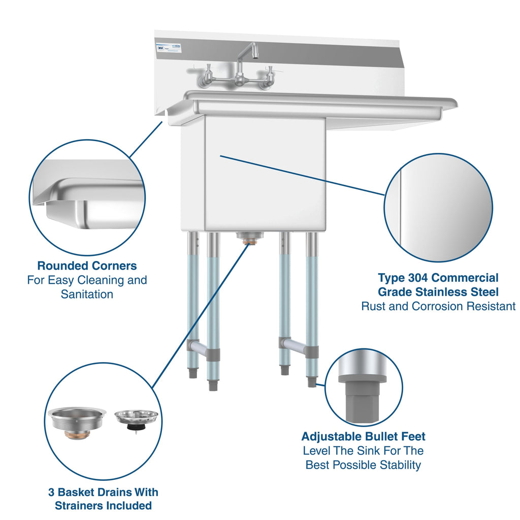 33 in. One Compartment Stainless Steel Commercial Sink with Drainboard, Bowl Size 15"x 15"x 12"