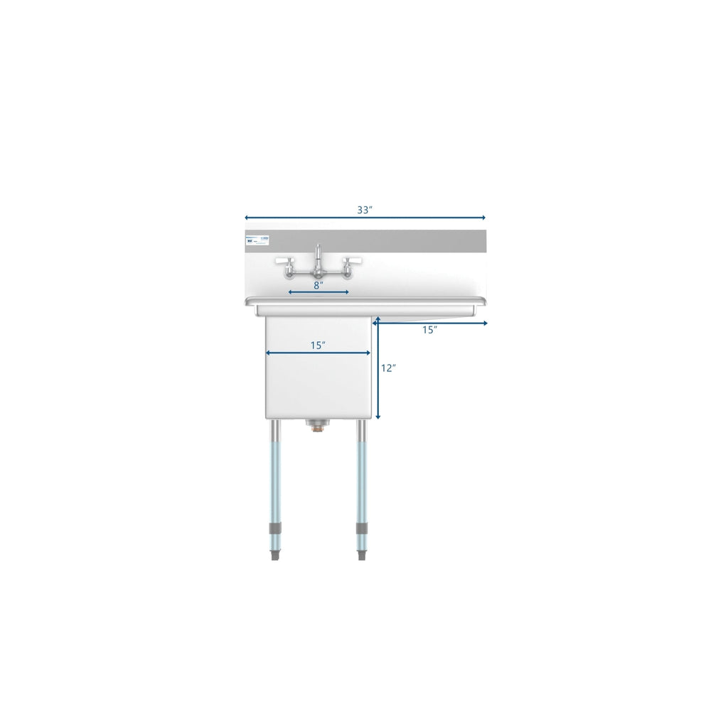 33 in. One Compartment Stainless Steel Commercial Sink with Drainboard, Bowl Size 15"x 15"x 12"
