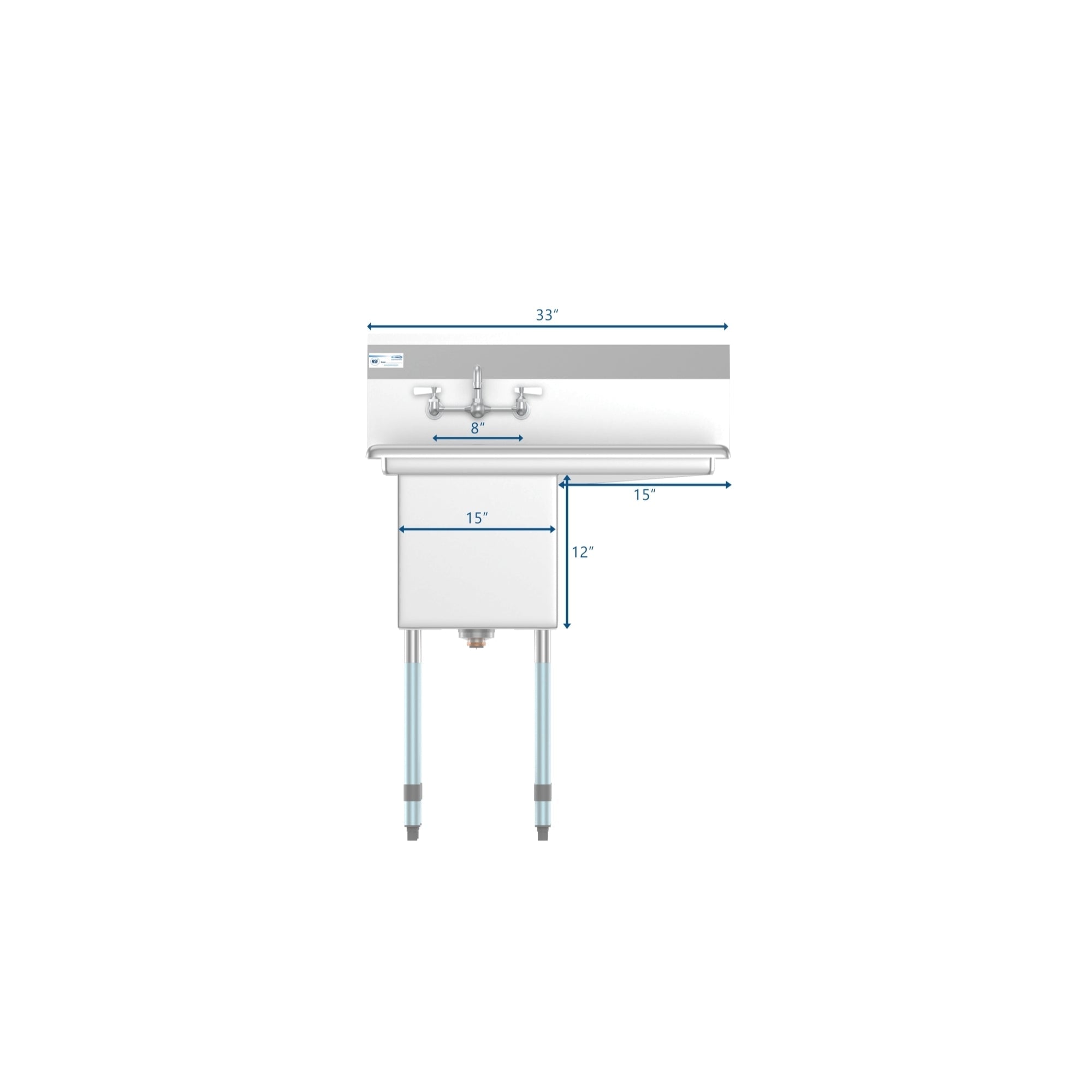 33 in. One Compartment Stainless Steel Commercial Sink with Drainboard, Bowl Size 15"x 15"x 12"