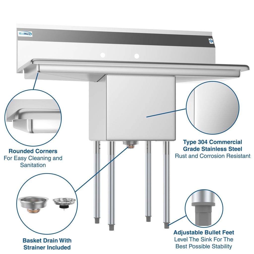 45 in. One Compartment Stainless Steel Commercial Sink with Drainboards, Bowl Size 15"x 15"x 12"