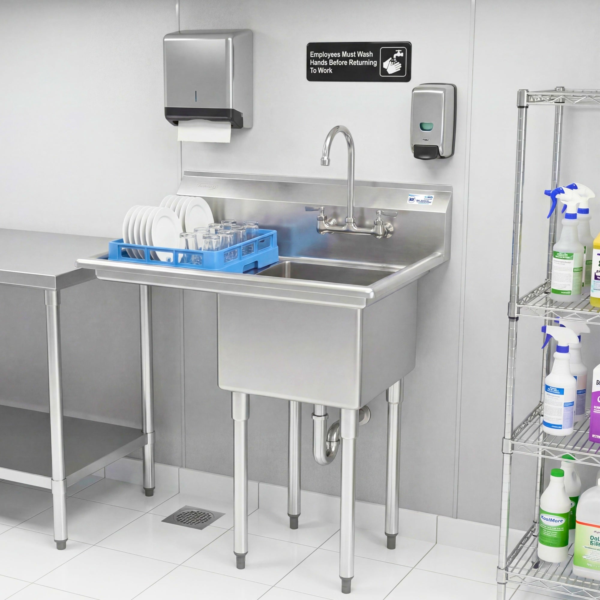 33 in. One Compartment Stainless Steel Commercial Sink with Drainboard, Bowl Size 15"x 15"x 12"