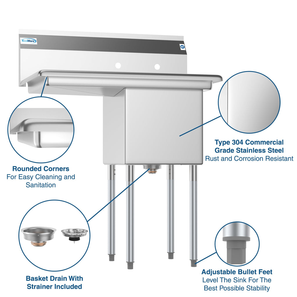 33 in. One Compartment Stainless Steel Commercial Sink with Drainboard, Bowl Size 15"x 15"x 12"
