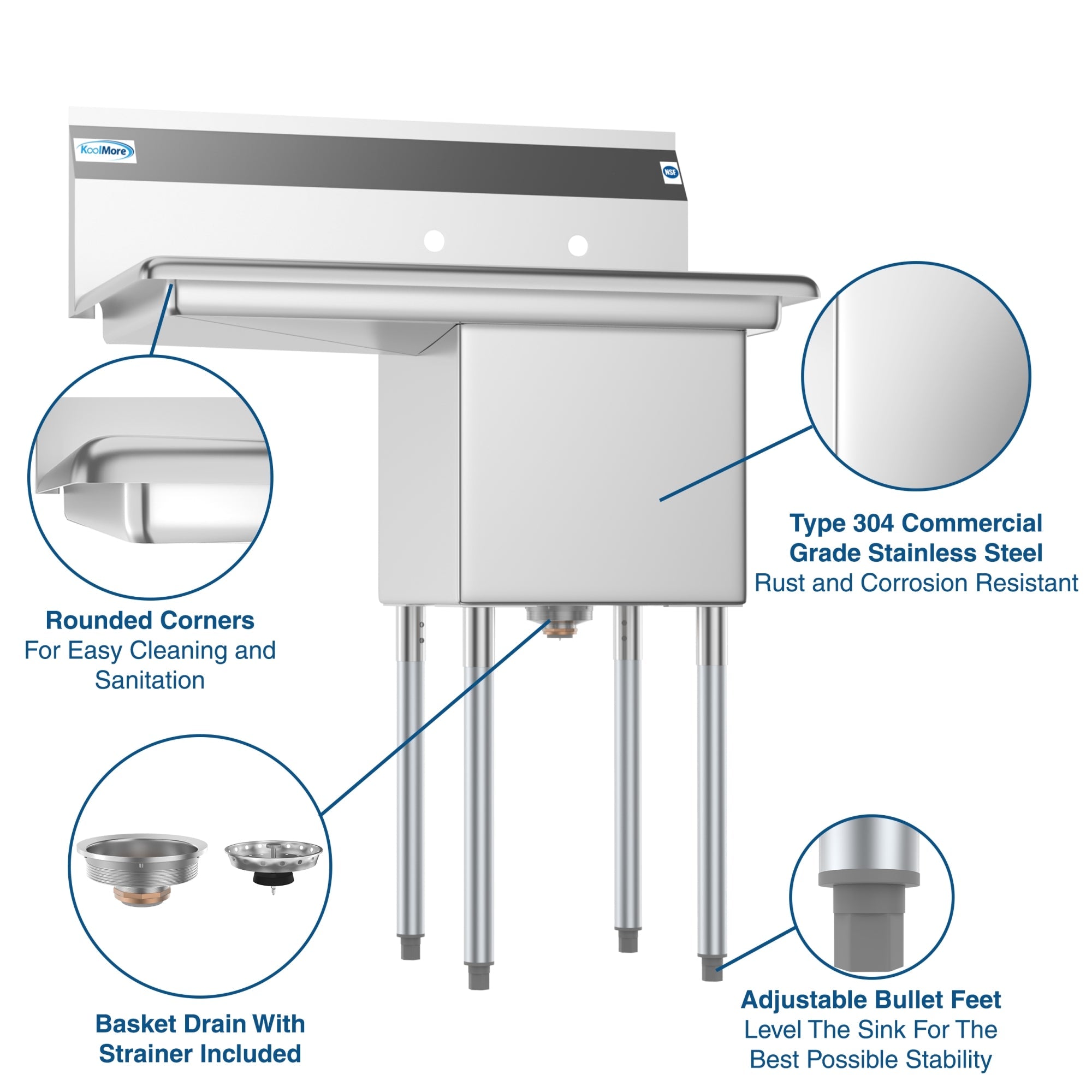 33 in. One Compartment Stainless Steel Commercial Sink with Drainboard, Bowl Size 15"x 15"x 12"