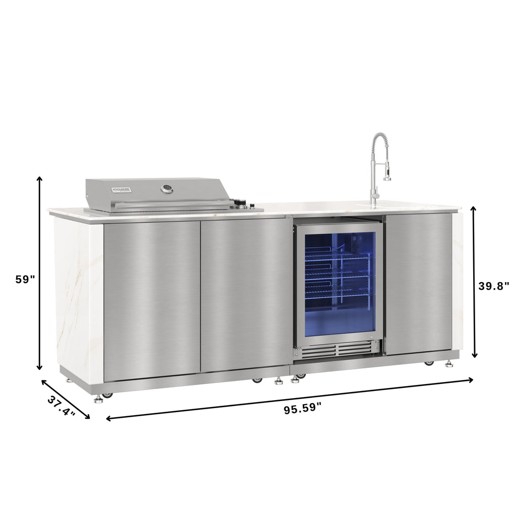 KoolMore Reserve 95 in. Outdoor Kitchen Island with 4-Burner NG and LP BBQ Grill, White Stone Counters and Sides, and Stainless-Steel Cabinets and Sink