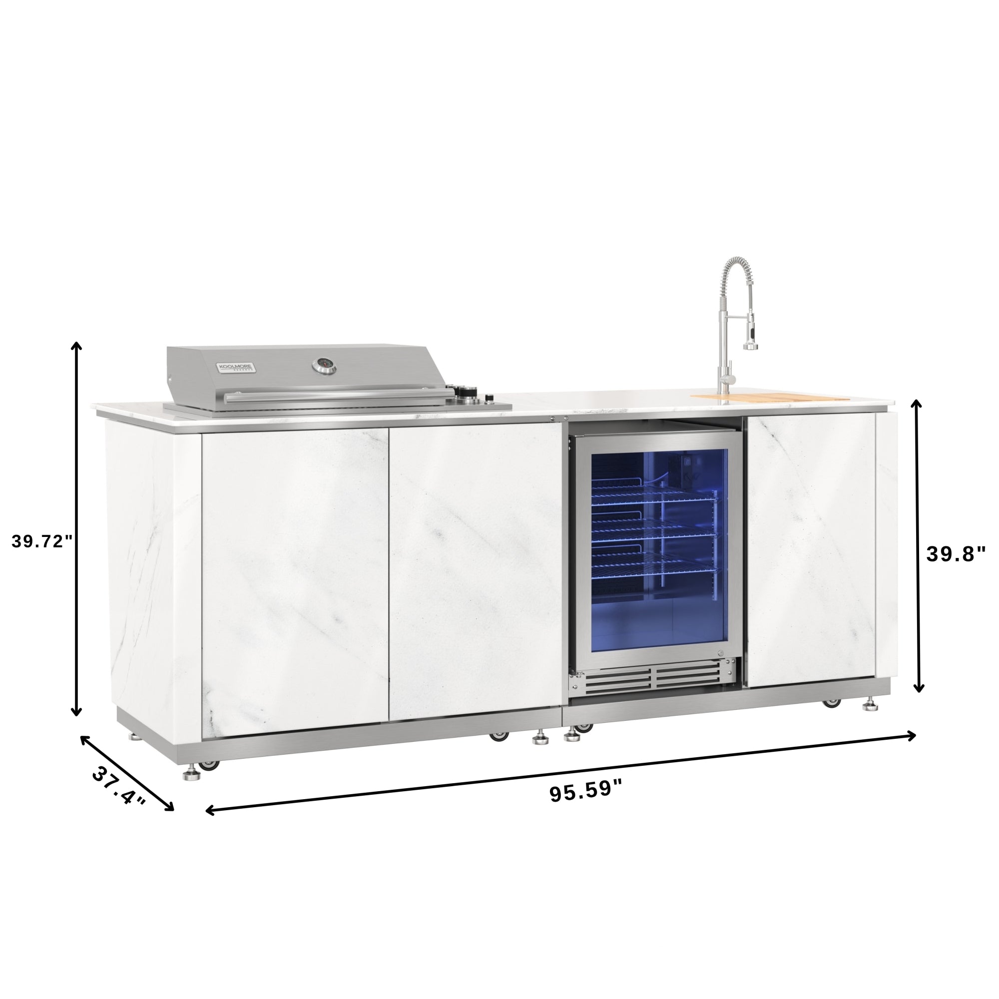 KoolMore Reserve 95 in. Outdoor Kitchen Island with 4-Burner NG and LP BBQ Grill, White Stone Counters, Sides and Cabinets Stainless-Steel Sink