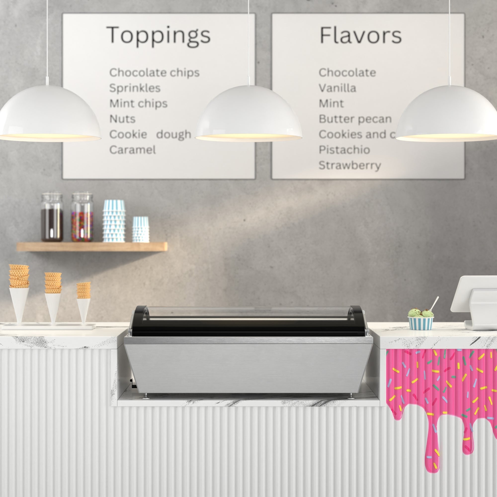 39 in. 5-Pan Countertop Ice Cream Display Freezer with Curved Glass Top in Stainless-Steel