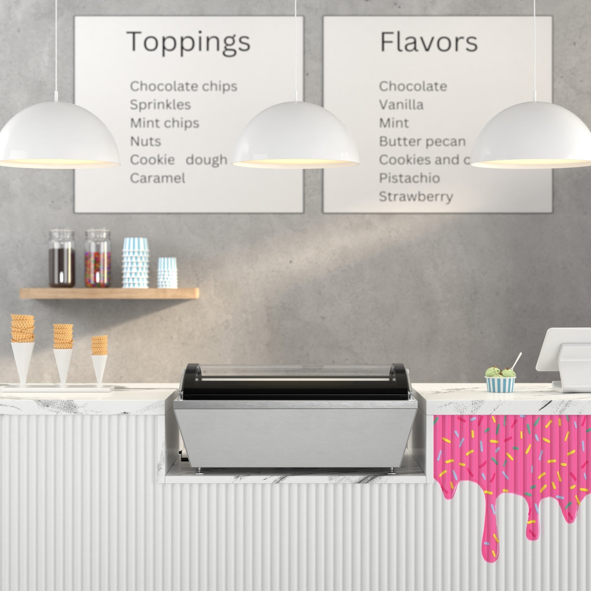32 in. 4-Pan Countertop Ice Cream Display Freezer with Curved Glass Top in Stainless-Steel