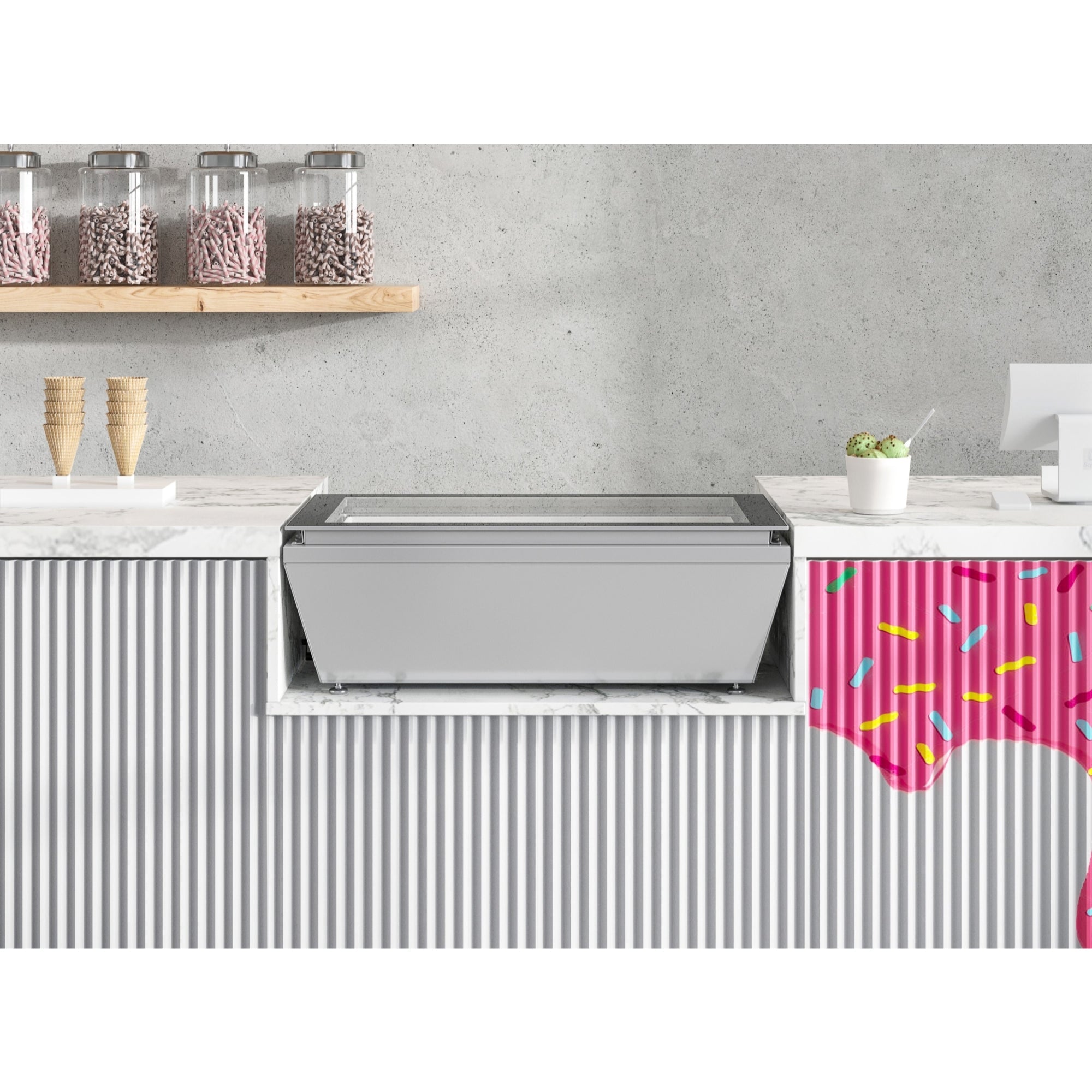 31 in. Countertop Ice Cream Display case with 4 Pans and Glass Sneeze Guard in Stainless-Steel
