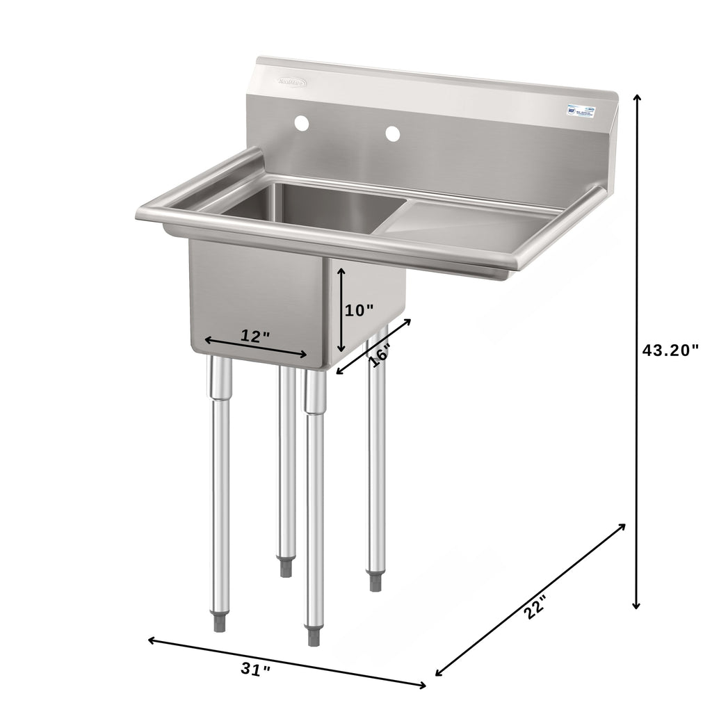 31 in. One Compartment Stainless Steel Commercial Sink with Drainboard, Bowl Size 12" x 16" x 10"