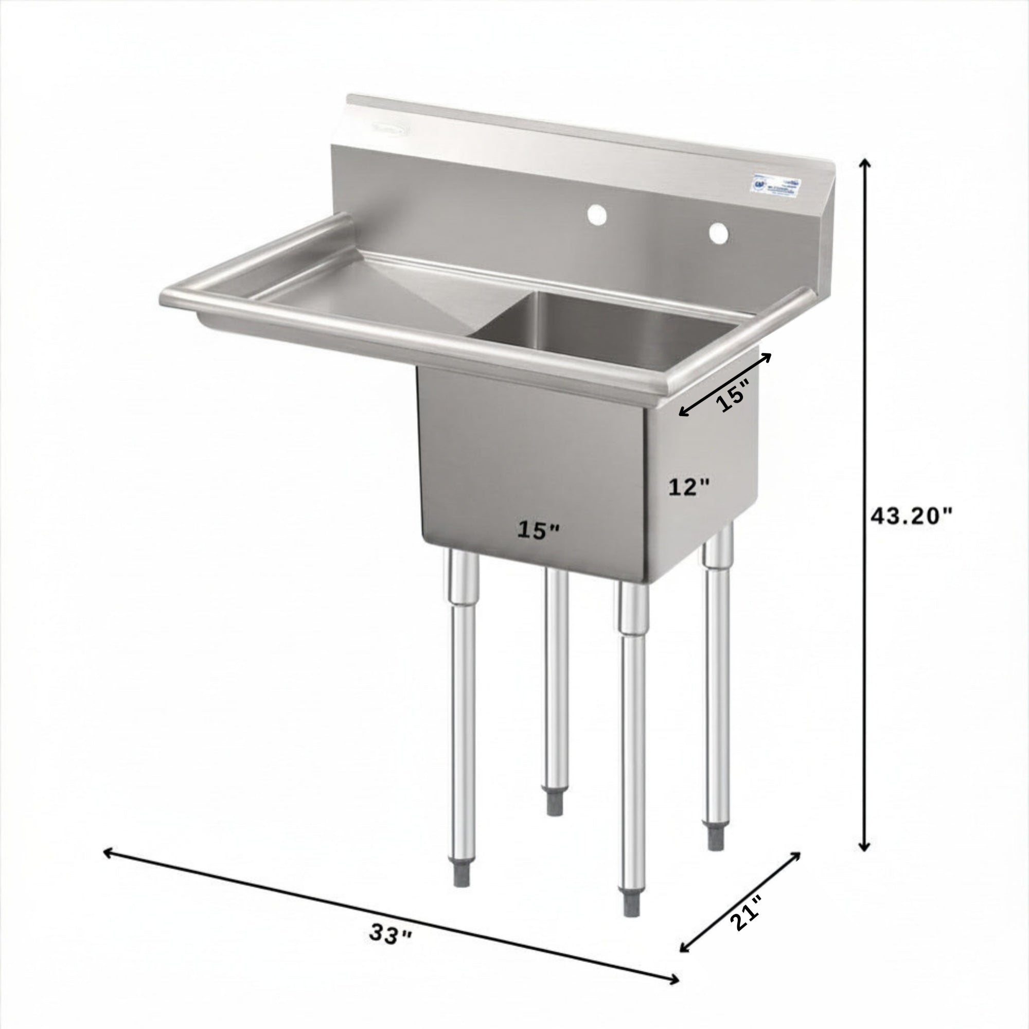 33 in. One Compartment Stainless Steel Commercial Sink with Drainboard, Bowl Size 15"x 15"x 12"