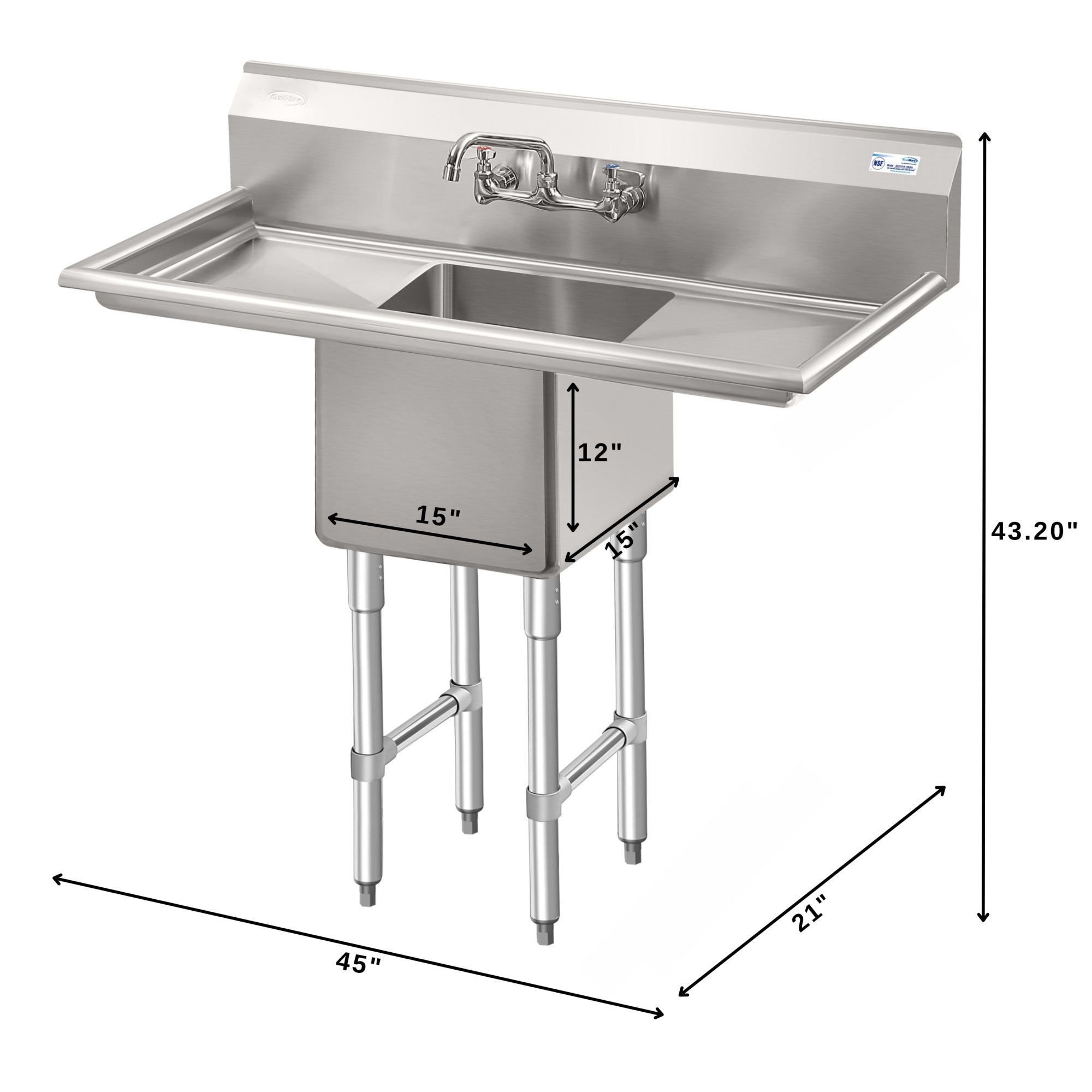 45 in. One compartment Stainless Steel Commercial Sink with Drainboards and Faucet, Bowl Size 15"x 15"x 12"