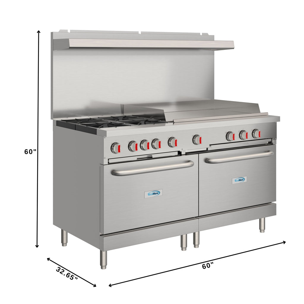60 in. Commercial Natural Gas Range – 4 Burners, 36 in. Griddle, 2 Standard Ovens in Stainless-Steel