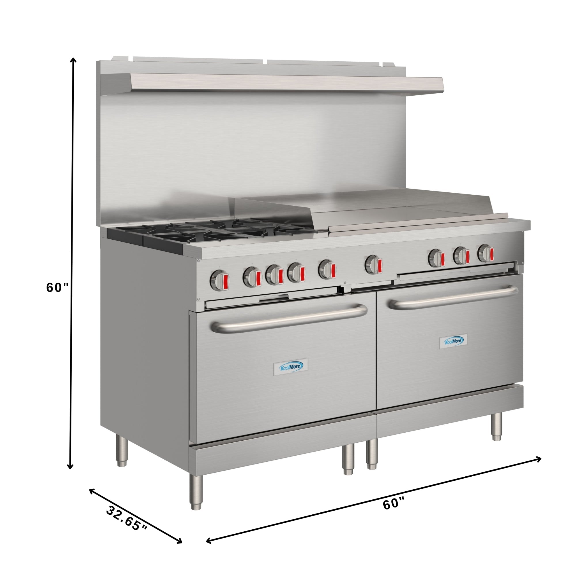 60 in. Commercial Natural Gas Range – 4 Burners, 36 in. Griddle, 2 Standard Ovens in Stainless-Steel