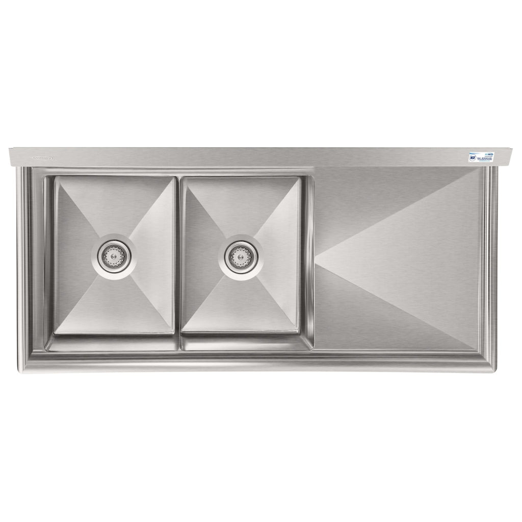 63 in. 18-Gauge 2-Compartment Commercial Sink with Backsplash and 24 in. Right Drainboard, Bowl dimensions 18"x24"x14" in Stainless-Steel