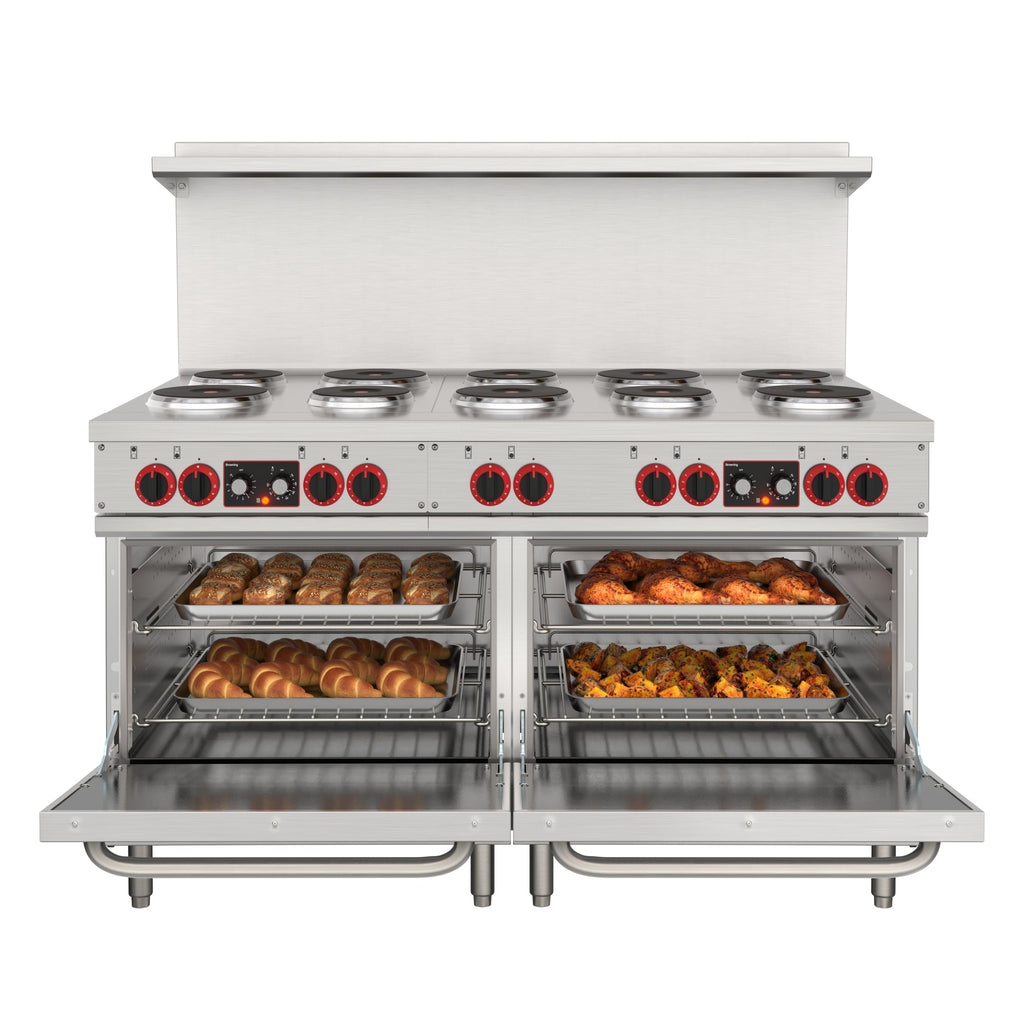60 In. Commercial Electric Range with 10 Burners and 2 Standard Electric Ovens in Stainless Steel - 208V 3-Phase