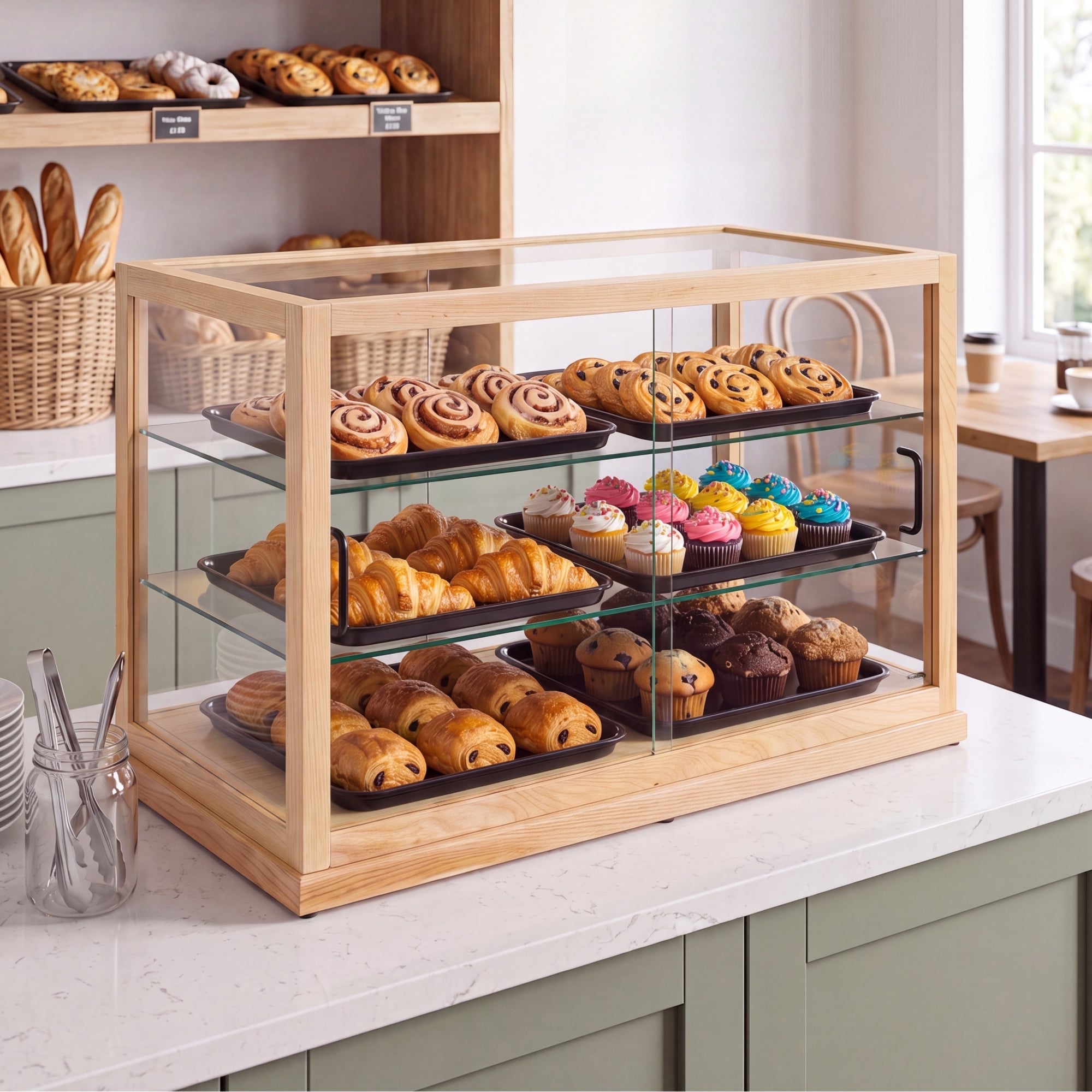 44 in. Artisan Wooden Bakery Horizontal Display Case in Beige
