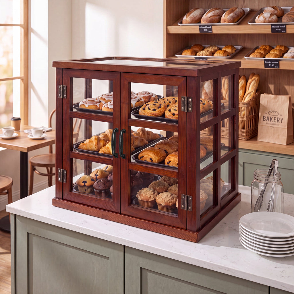25 in. 3-Tier Paneled Wooden Bakery Display Case with Swing Doors in Brown